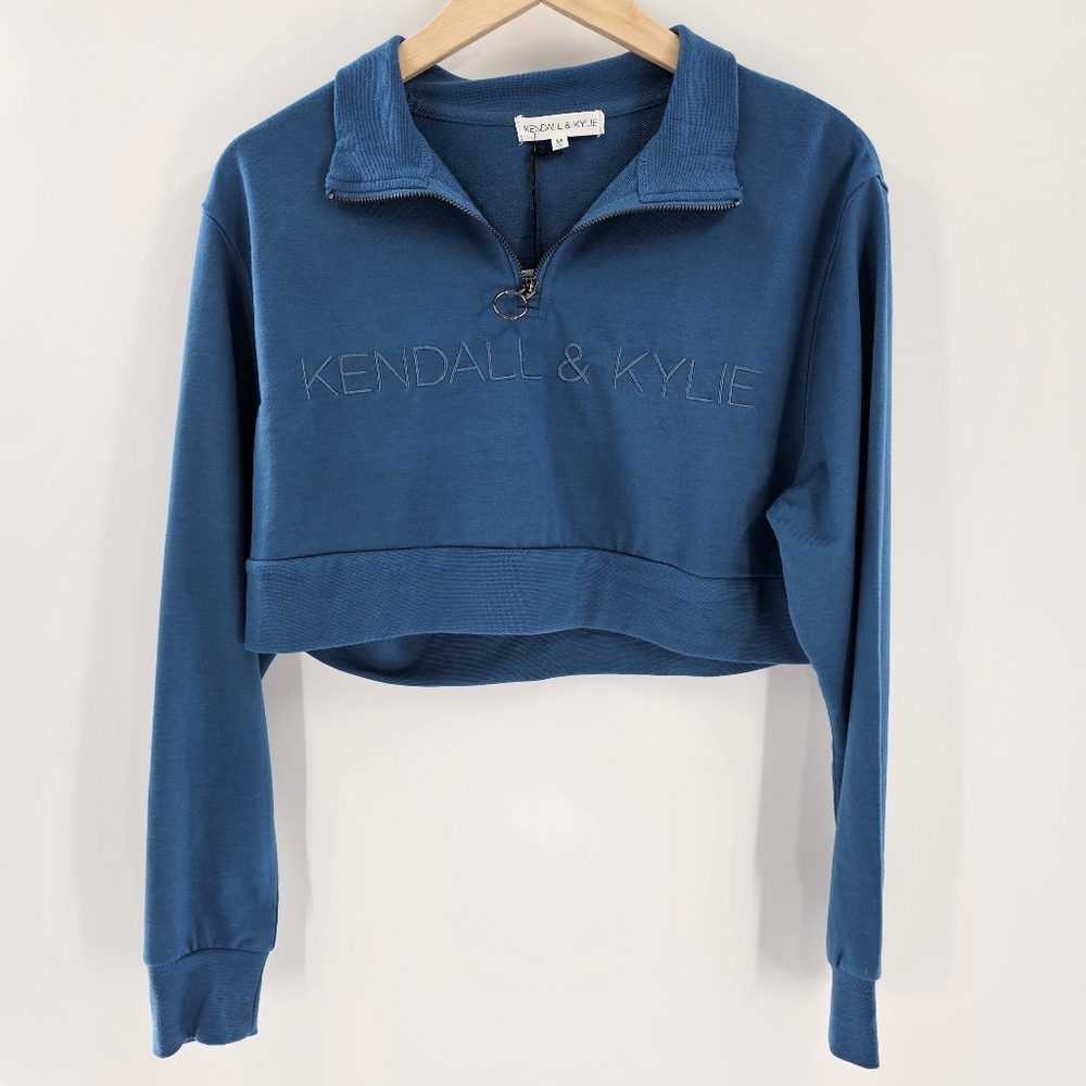 Kendal&Kylie Vintage Blue Long Sleeve Cropped Zip Collar Sweatshirt Women Medium